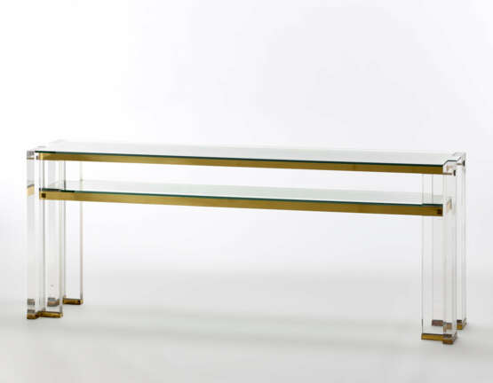 Console table with brass and plexiglass structure, with two crystal shelves - photo 1