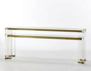 Console table with brass and plexiglass structure, with two crystal shelves