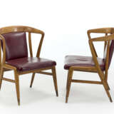 Pair of armchairs with wooden frame, brass caps, upholstered seat covered in burgundy leatherette | - photo 1