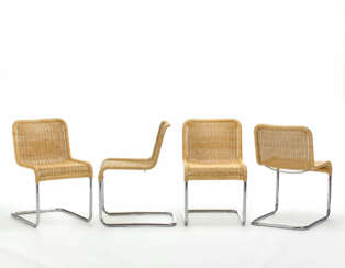Group of four chairs with chrome-plated tubular metal frame, wicker seat and backrest