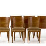 Group of six wood veneered Novecento chairs, upholstered and studded velvet covered seat, rhombus pattern threaded back - фото 1