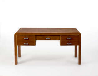 Novecento wood veneered five-drawer center desk, crystal top, nickel-plated metal handles
