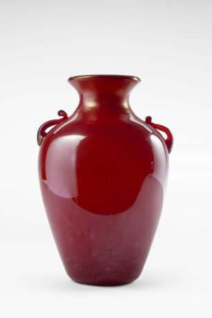 Lattimo and ruby red iridescent on the external surface blown glass vase, with transparent red glass hot-applied handles - photo 1