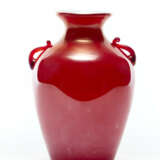 Lattimo and ruby red iridescent on the external surface blown glass vase, with transparent red glass hot-applied handles - photo 2