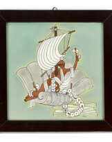 Polychrome ceramic tile with decoration depicting Venus on a shell driven by a sail