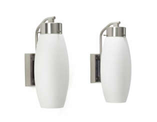 Pair of wall lamps with nickel-plated brass frame and incamiciato lattimo glass diffuser