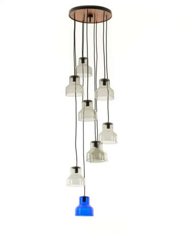 Smoked transparent and blue glass nine-light pendant lamp - фото 1