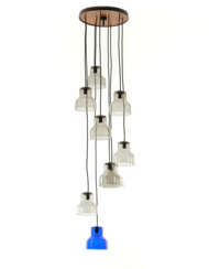 Smoked transparent and blue glass nine-light pendant lamp