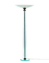 Floor lamp with brass frame, base and shaft made of ground crystal plates, diffuser disk made of ground crystal engraved with plant motifs