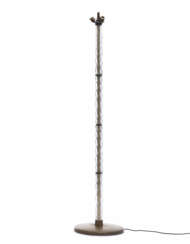 Three-light floor lamp with torchon fluted colorless glass column shaft and metal base |