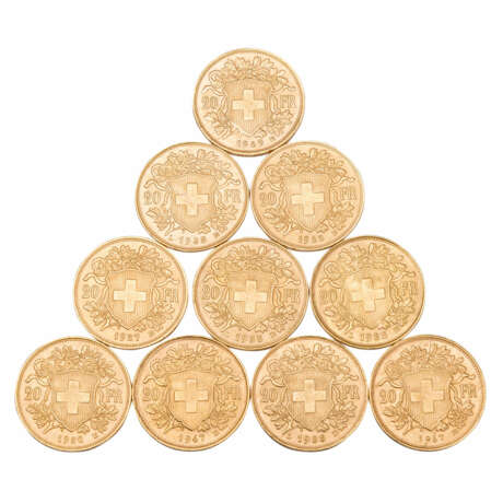 Schweiz /GOLD - 10 x 20 SFr. Vreneli Jg. 1922/1927/1930/1935 (4x)/1947 (2x)/1949 - Foto 2