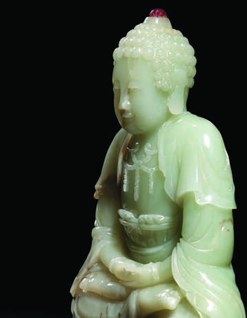 A PALE GREENISH-WHITE JADE SEATED FIGURE OF BUDDHA - photo 4