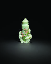 AN INLAID GREENISH-WHITE JADE VASE AND COVER