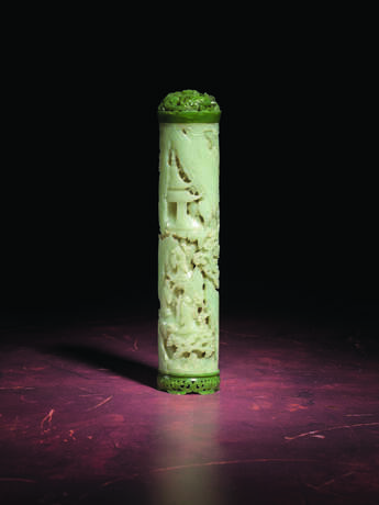 A FINELY-CARVED AND RETICULATED PALE GREENISH-WHITE AND SPINACH-GREEN JADE PARFUMIER - photo 1