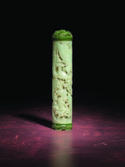 A FINELY-CARVED AND RETICULATED PALE GREENISH-WHITE AND SPINACH-GREEN JADE PARFUMIER