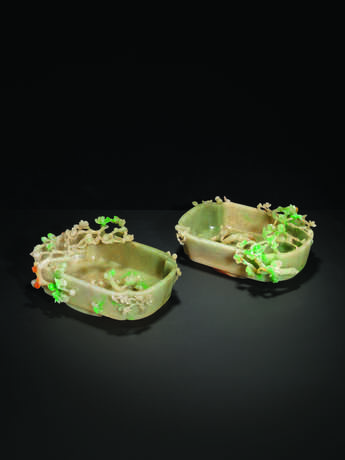 A PAIR OF LARGE JADEITE QUATREFOIL-FORM OPENWORK `CHILONG AND PRUNUS` WASHERS - photo 1