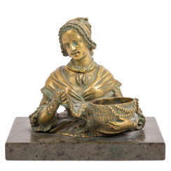 SCULPTURE/IN of the 19th century, figural bronze inkwell "Lady with hood",