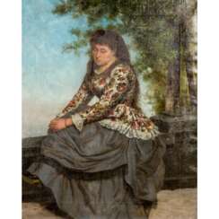 MICHEL (painter / 19th century), "Southern woman sitting on a park wall",