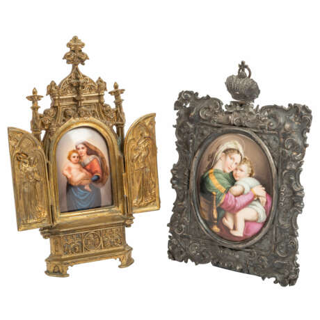 TWO MINIATURE MARY PAINTINGS ON PORCELAIN, - photo 1
