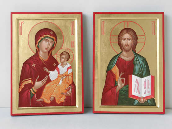 Christ Pantocrator and Virgin Hodegetria Lot de 2 pièces Bois naturel Acrylique Néo-byzantin Art figuratif Ukraine 2022 - photo 1