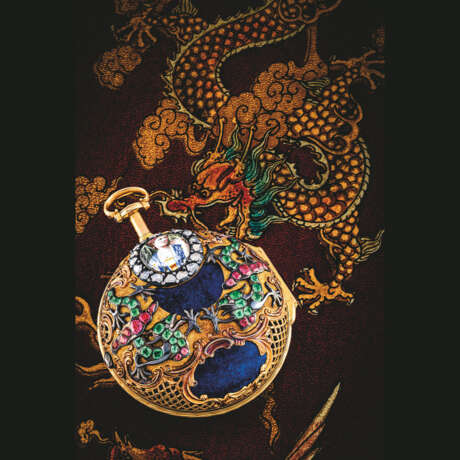 ANDRIES VERMEULEN. AN EXTREMELY FINE AND HIGHLY IMPORTANT CHINESE ROYAL QUARTER REPEATING 22K PINK GOLD, LAPIS LAZULI, RUBY, EMERALD AND DIAMOND-SET PAIR CASED WATCH WITH ENAMEL MINIATURE, MADE FOR THE EMPEROR QIANLONG (1711-1799) - фото 1
