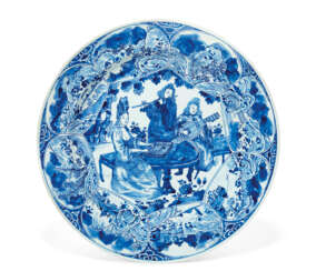 A CHINESE EXPORT PORCELAIN BLUE AND WHITE &#39;MUSICIANS&#39; DISH FORMERLY IN THE J.P. MORGAN COLLECTION