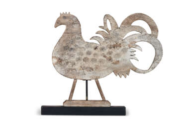 A CARVED AND PAINT-DECORATED WOOD ROOSTER WEATHERVANE