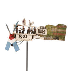 A PAINTED SHEET IRON AND WOOD “AIRPLANE WINDMILL” WITH BLACKSMITH SHOP AUTOMATON