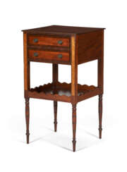 A FEDERAL FIGURED MAPLE AND FLAME BIRCH INLAID-MAHOGANY TWO-DRAWER WORK TABLE