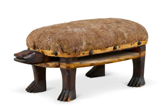 AN UPHOLSTERED AND PAINTED MAPLE FOOTREST IN THE FORM OF A TURTLE - photo 1