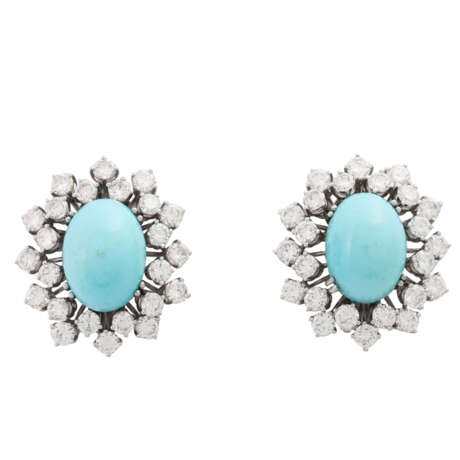 Pair of ear clip studs with fine turquoise and diamonds - photo 1