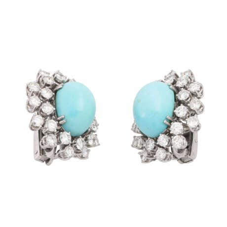 Pair of ear clip studs with fine turquoise and diamonds - фото 2