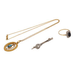 Set: brooch, ring, chain and pendant on chain,