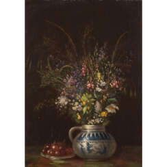PETERS, ANNA (1843-1926) "Bouquet of field flowers next to a plate full of cherries".