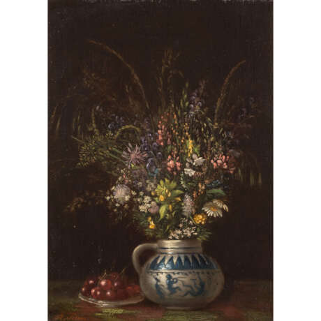 PETERS, ANNA (1843-1926) "Bouquet of field flowers next to a plate full of cherries". - Foto 1