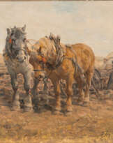 Bauer mit Pferdegespann beim Pflügen