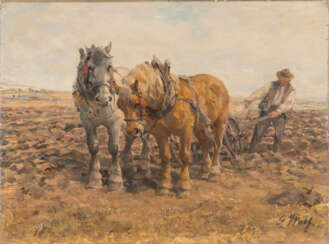 Bauer mit Pferdegespann beim Pflügen