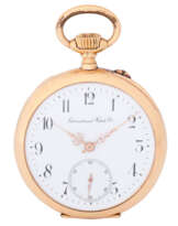 IWC Schaffhausen open pocket watch with lady portrait on dust cover.