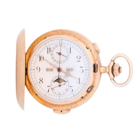 Large, heavy astronomical goldsavonette pocket watch with full calendar, chronograph & quarter repeater. "Sartorius" Dusseldorf - Foto 1