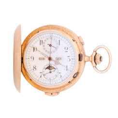 Large, heavy astronomical goldsavonette pocket watch with full calendar, chronograph & quarter repeater. "Sartorius" Dusseldorf