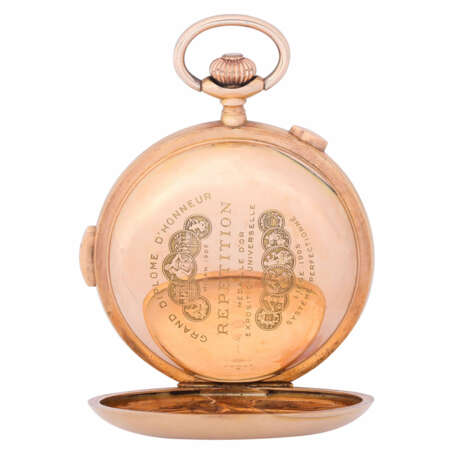 Large, heavy astronomical goldsavonette pocket watch with full calendar, chronograph & quarter repeater. "Sartorius" Dusseldorf - Foto 4