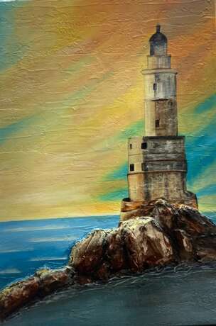 Lighthouse at Sunset Natural Bark Акрил на холсте Модернизм Nautical Великобритания 2022 г. - фото 1