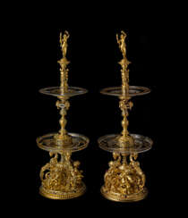 A PAIR OF ROYAL ORMOLU, SILVER, GLASS AND HARDSTONE-MOUNTED DESSERT STANDS
