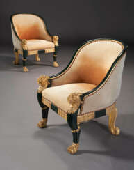 A PAIR OF REGENCY BRONZED AND PARCEL-GILT LIBRARY ARMCHAIRS