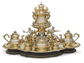 AN IMPORTANT PARCEL-GILT SILVER AND ENAMEL SIX-PIECE TEA SERVICE ON FITTED STAND