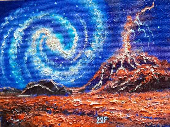 Галактический пейзаж с вулканом. холст на мдф Peinture à l'huile Фантастика Art spatial Russie 2022 - photo 1