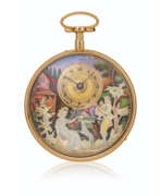 Henry Daniel Capt. ATTRIBUTED TO HENRI CAPT, YELLOW GOLD AND PAINTED ON ENAMEL QUARTER-REPEATING MUSICAL AUTOMATON OPENFACE POCKET WATCH
