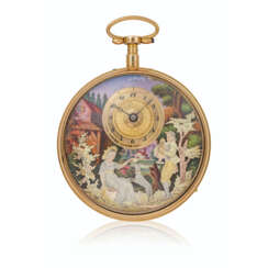 ATTRIBUTED TO HENRI CAPT, YELLOW GOLD AND PAINTED ON ENAMEL QUARTER-REPEATING MUSICAL AUTOMATON OPENFACE POCKET WATCH