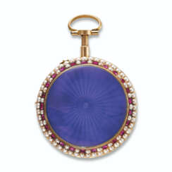 JAQUET DROZ, YELLOW GOLD, PEARL, RUBY AND ENAMEL 'PUMP WINDING' OPENFACE POCKET WATCH