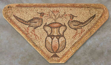 A BYZANTINE MARBLE MOSAIC PANEL WITH TWO BIRDS FLANKING AN AMPHORA